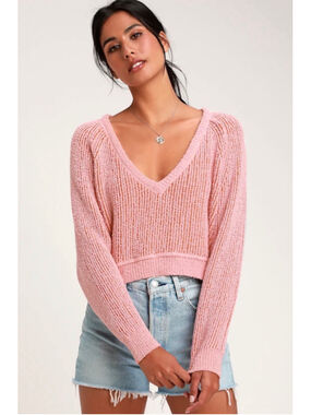 Free People Knit Sweater Size Medium Crop Pink Orange Vneck Hi Low Stripe Coral